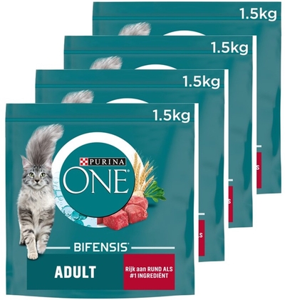PURINA® ONE® Adult - Kattenbrokjes - Rund & Volkoren Granen - 4 x 1.5 kg kattenbrokken