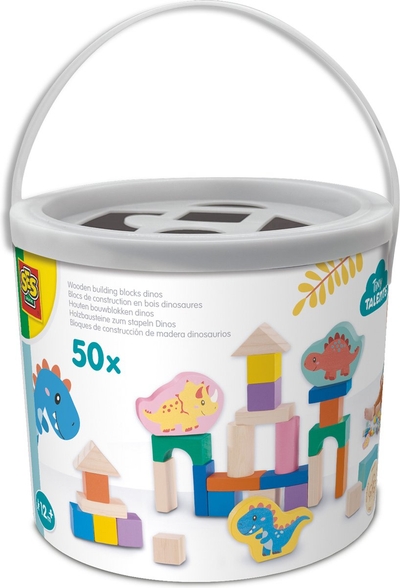 SES Creative - Tiny Talents - Houten Bouwblokken Dino’s Emmer - 50-delig - vormenstoofdeksel - stimuleert motoriek en creativiteit - houten speelgoed - dino thema - peuter bouwset