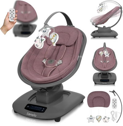 Lionelo Blossom Elektrische Schommelstoel – 5 Schommelstanden – Ademend Bamboe Stof – Afstandsbediening – 5 Melodieën & Natuurgeluiden – Wipstoel Baby's – Traploze Verstelling – 5-Punts Gordel – Geschikt tot 9 kg