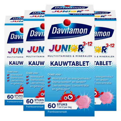 Gratis Verzending: 4x Davitamon Junior 3+ Kauwvitamines Framboos 60 kauwtabletten