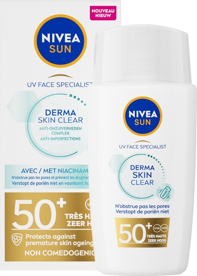 NIVEA SUN UV Face Derma Skin Clear Ultralichte Zonnebrand Gezicht - SPF 50+ - Voor de onzuivere huid - Zonnecrème met Niacinamide - Voorkomt Puistjes en Acne - Trekt Snel In - 40ml