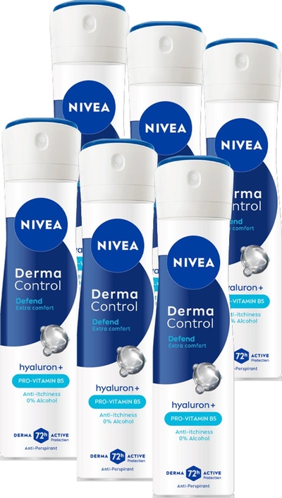NIVEA Derma Control Defend Deodorant Spray - Tegen irritaties - beschermt 72 uur -Anti-transpirant - met Hyaluronzuur  - 6 x 150ml