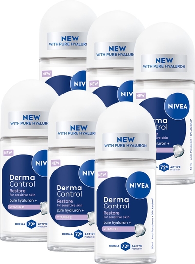 NIVEA Derma Control Restore Anti-Transpirant Deo Roller - 72 uur bescherming - Deodorant met Hyaluronzuur  - 6 x 50ml