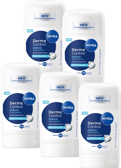 NIVEA Derma Control Defend Deodorant Stick - Tegen Irritaties - Anti-transpirant - met Hyaluronzuur- 72 uur bescherming  - 5 x 50ml