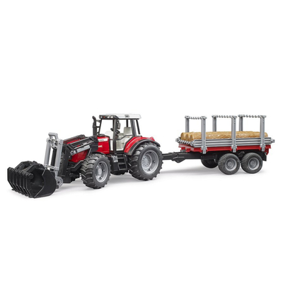 Bruder 02046 Massey Ferguson 7480 Tractor met Voorlader en Houttransportaanhanger + 3 Boomstammen - Speelgoed voor Kinderen vanaf 4 Jaar