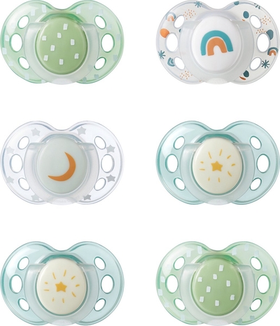 Tommee Tippee Nachtfopspenen, 18-36 maanden, set van 6, glow in the dark, verschillende kleuren en designs, symmetrische en orthodontische fopspeen, BPA-vrije siliconen speen