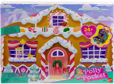 Polly Pocket Poppen en Speelsets Adventskalender, Doe-het-Zelf Peperkoekhuis met poppenhuismeubels en meer dan 24 feestelijke accessoire