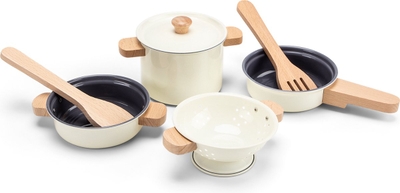 New Classic Toys® Metalen Pannenset Wit - 7-delige Set met Vergiet en Houten Kookgerei - Speelgoed Keukenset - Speelgoedkeuken Accessoires voor Kinderen - Rollenspel Keukenspeelgoed - Vanaf 24 Maanden