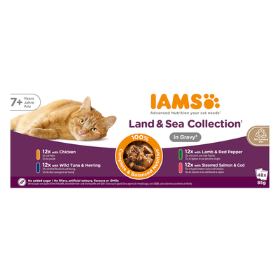 IAMS Delights Senior Land & Sea Collection in Saus Kattenvoer - Mixpaket 2 (48 x 85 g. 4 Soorten) - natvoer katten