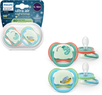 Philips Avent Ultra Air Night – Glow-in-the-dark fopspeen –(6-18 mnd) Extra luchtopeningen – 2 stuks - SCF376/28