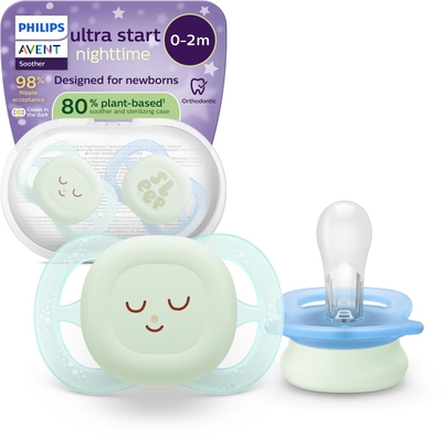 Philips Avent Ultra Start Night – Glow-in-the-dark siliconen fopspeen – 0-6 mnd – 2 stuks - SCF075/18