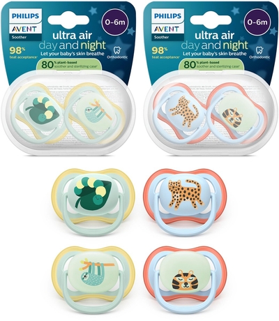 Philips Avent Ultra Air Day & Night – Fopspeenset met dag- en nachtversie – 4 stuks – 0-6 mnd - SCF087/22