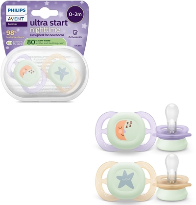 Philips Avent Ultra Start Night – Glow-in-the-dark siliconen fopspeen – 0-6 mnd – 2 stuks - SCF075/17