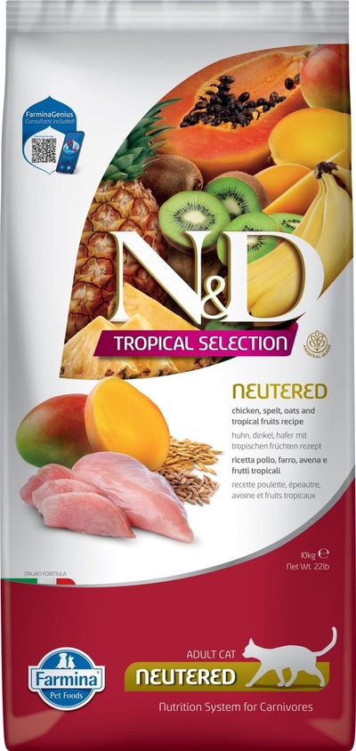 N&D Tropical voeding voor de gecastreerde kat Kip 10 kg kattenbrokken