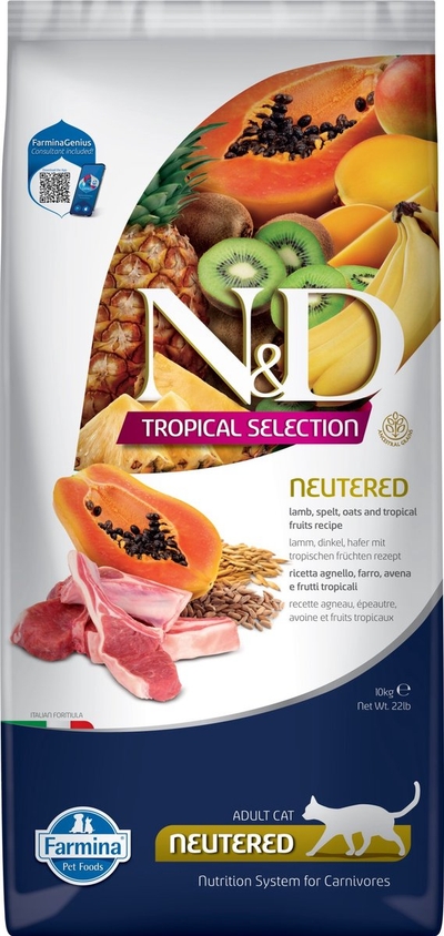 N&D Tropical voeding voor de gecastreerde kat Lam 10 kg kattenbrokken