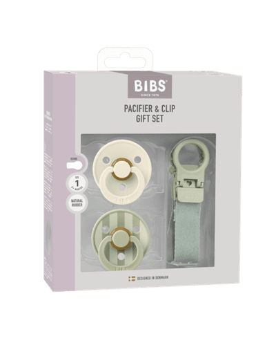 IBS – Pacifier & Clip Gift Set – Sage - Rond – 2 Fopspenen + Fopspeenkoord – Maat 1