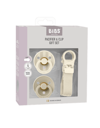 BIBS – Pacifier & Clip Gift Set – Ivory - Rond – 2 Fopspenen + Fopspeenkoord – Maat 1