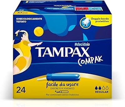 Tampax Compak Regular, 24 tampons in handig zakformaat met kunststof applicator en anti-lek-bescherming, ideaal voor lichte tot middelgrote vloeistoffen