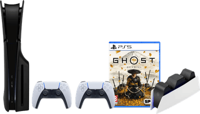 PS5 Slim Disc Edition + Ghost of Yotei + Covers Zwart + Extra Controller Wit + Oplaadstation