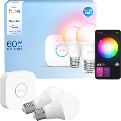 Philips Hue Essential A60 White and Color Starter Pack E27 810lm 2-pack + Bridge