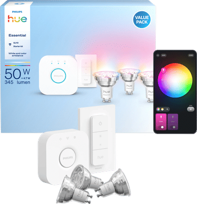 Philips Hue Essential White and Color Starter Pack GU10 3-pack + Bridge + Dimmer