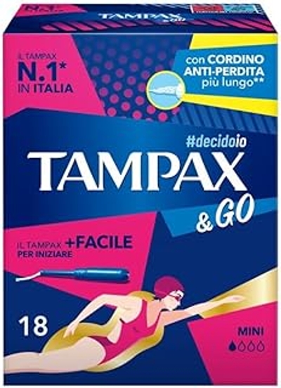 Tampax & Go Mini 18 tampons met kunststof applicator met antislip handvat en dubbel beschermkoord, ideaal voor lichte vloeistoffen, voor de eerste dagen van de menstruatie