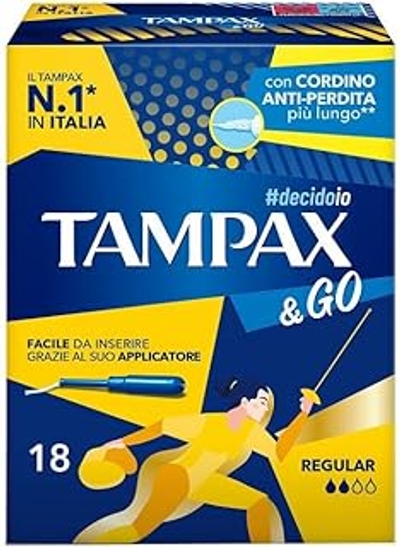 Tampax & Go Regular, 18 tampons met kunststof applicator, anti-slip handgreep en dubbel beschermsnoer, ideaal voor lichte tot middelgrote vloeistoffen