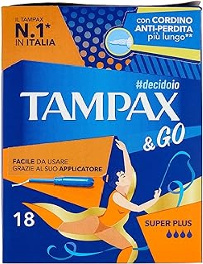 Tampax & Go Super Plus 18 tampons met kunststof applicator met antislip handvat en dubbel beschermkoord, ideaal voor sterke vloeistoffen