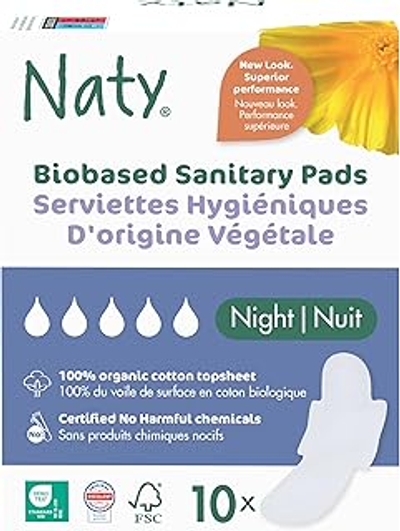 Naty Maandverband Night met vleugels | 100% gecertificeerd biologisch katoen op de huid | Huidveilig gecertificeerd | Zonder parfum, 0% plastic | Nachtbescherming | 10 stuks