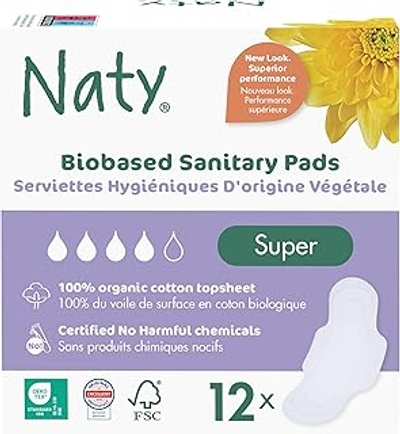 Naty Maandverband Super met vleugels | 100% gecertificeerd biologisch katoen op de huid | Gecertificeerd huidveilig | Zonder parfum, 0% conventioneel plastic | Absorberende bescherming | 12 stuks