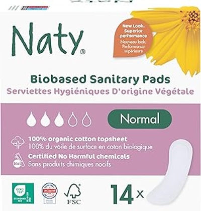 Naty Maandverband Normal zonder vleugels | 100% gecertificeerd biologisch katoen op de huid | Gecertificeerd huidveilig | Zonder parfum, 0% conventioneel plastic | Absorberende bescherming | 14 stuks