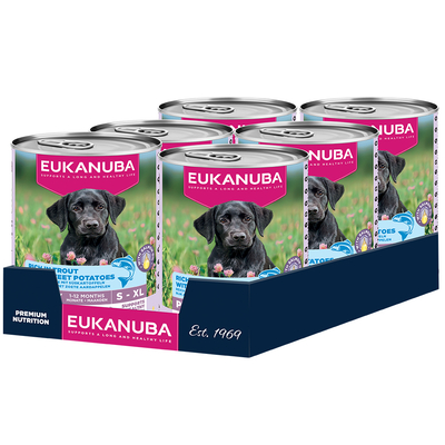 Dubbelpak: 12x400g Eukanuba Puppy Rijk aan forel met zoete aardappel natvoer voor honden - natvoer honden