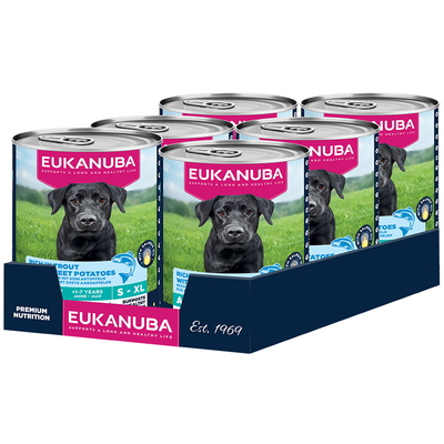 Eukanuba Adult Rijk aan Forel met Zoete Aardappelen - Dubbelpak: 12 x 400 g - natvoer honden