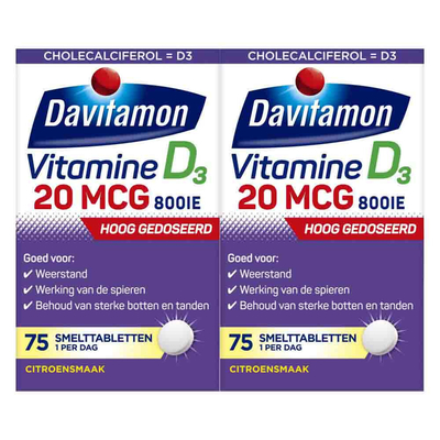 Gratis Verzending: 2x Davitamon Vitamine D3 20MCG Hoog Gedoseerd 75 smelttabletten