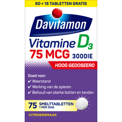 Gratis Verzending: 2x Davitamon Vitamine D3 75mcg Hoog Gedoseerd 75 smelttabletten