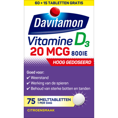 2x Davitamon Vitamine D3 20mcg Hoog Gedoseerd 75 smelttabletten