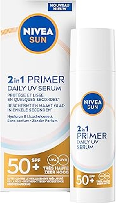 NIVEA SUN UV Face 2-in-1 Primer Makeup Serum – Zonnebrand Gezicht SPF 50+ - Gezichtsserum met Hyaluronzuur - Zonder Parfum – 30ml