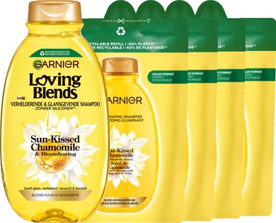 Garnier Loving Blends Kamille & Bloemenhoning Shampoo & Refill - Blond Haar & Highlights - Verhelderend & Glansgevend - 5x 250ml