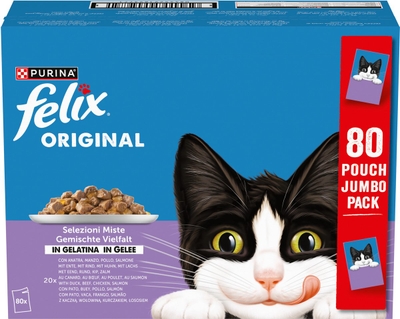 Felix Mix selectie in Gelei - Kattenvoer Natvoer – Eend, Rund, Kip, & Zalm – 80 x 85 g natvoer katten