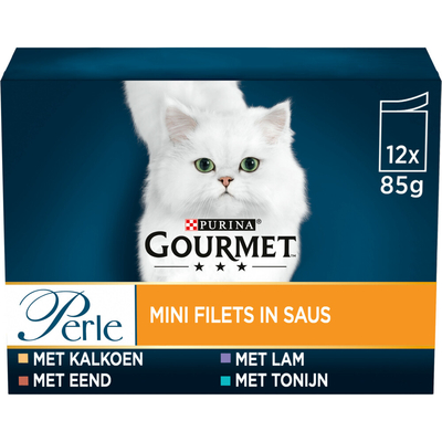Gourmet Perle Mini Filets Natvoer met Kalkoen, Tonijn, Eend of Lam in Saus 48 x 85 gram - natvoer katten