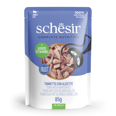 Voordeelpakket: 24x85g Schesir Complete Nutrition filet in gelei tonijn met witte vis natvoer voor katten - natvoer katten