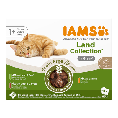 Voordeelpak: 48x85g IAMS Advanced Nutrition Grain Free Land Collection in Sauce nat kattenvoer - natvoer katten
