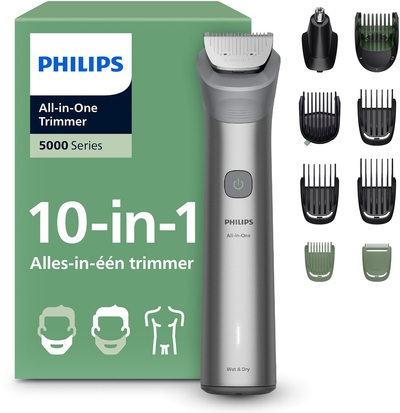 Philips Series 5000 Multigroom - Baardtrimmer - 10 in 1 - Neushaartrimmer - Intimate trimmer - Face&Hair&Body - Scheersensor - Opbergzakje - Staal - MG5931/15