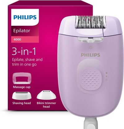 Philips Epilator Series 4000 – Paars – Epileren, scheren en exfoliëren met snoer voor lichaam en gevoelige gebieden met 4 accessoires en ledlamp – BRE257/00