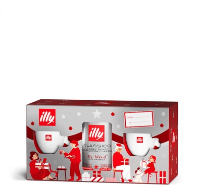 illy xmas kit - twee illy espresso kop-en-schotels + gemalen koffie classico 250 gram