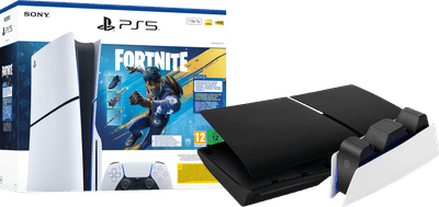 PlayStation 5 Slim Disc Edition Fortnite bundel + Covers Zwart + Oplaadstation