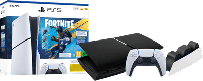 PS5 Slim Disc Edition Fortnite bundel +Covers Zwart + Extra Controller Wit + Oplaadstation