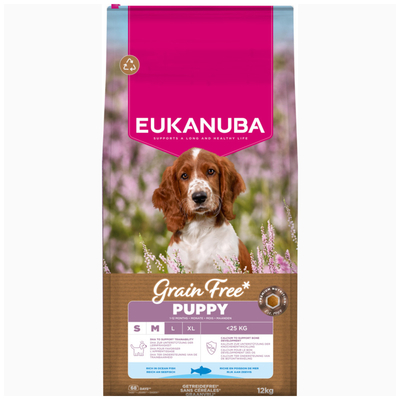 Voordeelpakket: 2x12kg Eukanuba Grain Free Puppy Klein & Middelgroot Ras Zeevis Hondenvoer droog - hondenbrokken