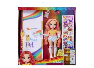Rainbow High Pinkly Paige-modepop (roze) en kluisje om te ontwerpen en stylen met schappen, kledinghangers, accessoires en stickers, speelgoedcadeau voor kinderen van 4-12+