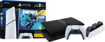 PS5 Slim Digital Edition Fortnite bundel + Covers Zwart + Extra Controller Wit + Oplaadstation